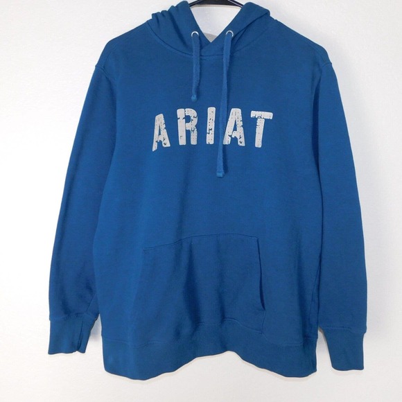 Ariat Real Hoodie Women L Teal Graphic Logo Pullover Sweatshirt Pocket Workwear - Picture 1 of 8